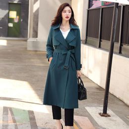 Women's Trench Coats Office Lady Women Fashion Long Green Pockets Slim Double Breasted Black Coat 2XL Large Solid Knee Length