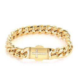 Cool Cross Bracelets Chains Jewelry Yellow Gold Plated 316L Stainless Steel CZ Bracelet for Men Hip Hip Nice Gift