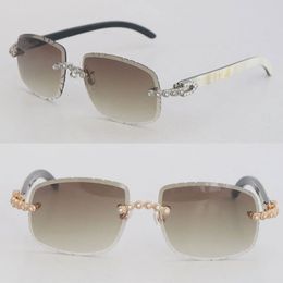 Custom diamond-encrusted logo Colour lensesLuxury Moissanite Diamond Set Rimless Sunglasses Womans Original White Inside Black Buffalo Horn Men Vintage glasses