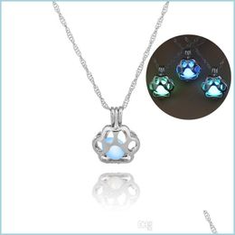 Pendant Necklaces Glow In The Dark Metal Pet Dog Paw Pendant Necklaces For Woman Animal Dogs Hollow Locket Pendants Night Luminous L Dhlqm