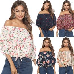 Women's Blouses Off Shoulder Half Sleeve Summer Clothes Women Floral Cherry Print Ruffled Tied Hem Shirt Blouse