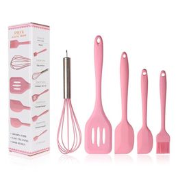 5PCS Set Silicone Cooking Tool Sets Includes Small Brush Small Scraper Large Scraper Egg Beater Spatula for Cooking Baking and Mixing