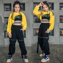 Stage Wear 2022 Hip Hop Kids Jazz Dance Clothes Girls Tops Yellow Long Sleeves Cargo Pants Modern Street Performance Costume BL7102