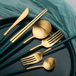 Dinnerware Sets 11PCS Luxury Vintage Green Tableware Set Stainless Steel Knife Fork Spoon Chopsticks Coffee Tea Kitchen Cutlery