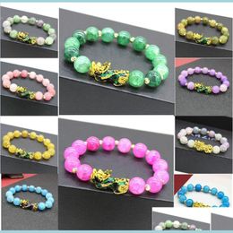 Beaded Imitation Chalcedony Agate Stone Beads Strands Bracelet Gold Plated Lucky Brave Charms Beaded Jewellery For Men Women Drop Deli Dhm79
