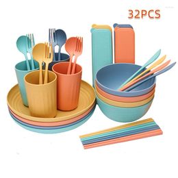 Plates 32 Piece Wheat Dinnerware Set Eco Friendly Outdoor Camping Dishes Portable Bowls Spoons Forks Cups Microwave Safe