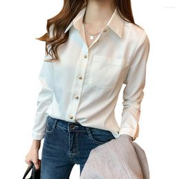 Women's Blouses Women's Spring Autumn Style Chiffon Shirt Elegant Turn-Down Collar Long Sleeve Button Pocket Loose Tops SP847