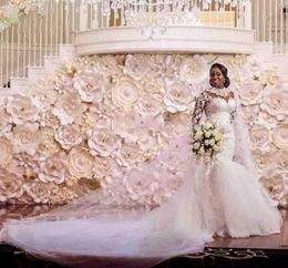 Cystal Beading Long sleeves Vintage Lace Mermaid Wedding Dresses High Neck Appliques White Wedding Dress