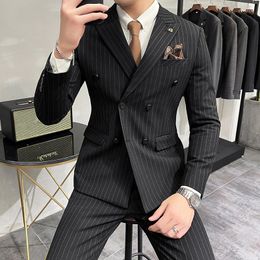 Men's Suits Jacket Pants 2022 Formal Black Stripe Men Double Breasted Wedding Groom Tuxdeo Business Man Prom Blazer 2 Pieces Set