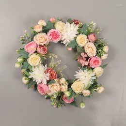 Decorative Flowers Cilected 15 Inch Peony Flower Wreath For Front Door Pink Rose Floral With Rustic Grapevine Leaves Wedding Wall Decor