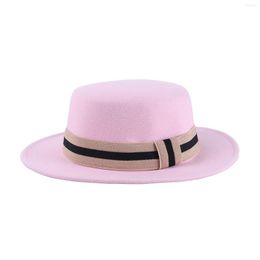 Berets Fedora Hats Women Men Flat Top Wide Brim Ribbon Band Striped Felted Classic Simple Solid Red Black Casual Formal