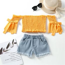 Clothing Sets Kids Girls Summer Suit Long Sleeve Off Shoulder Neck Crop Tops Denim Tassels Shorts Trousers Fashion 2 Pieces Set For 2-7Y