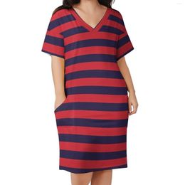Plus Size Dresses Horizontal Striped Dress Navy Blue Stripes Print Street Style Casual Lady Summer V Neck Kawaii Gift Idea
