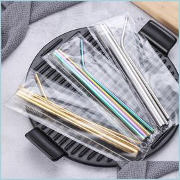 Drinking Straws Stainless Steel Drinking Sts Set Straight Bend Juice Bubble Tea With Cleaning Brush Opp Bag Package Drop Delivery Ho Dhiy7