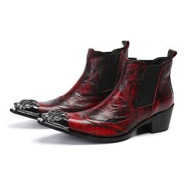 Boots Men Iron Metal Toe Genuine Leather Ankle Boots Men Wine Red Party & Wedding Botas Hombre