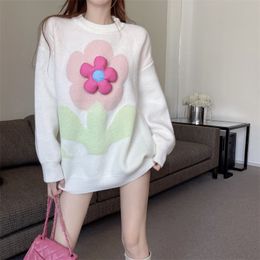 Damen-Pullover mit O-Ausschnitt und Blumenapplikation, niedlicher Pullover, lockere Oberteile