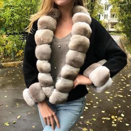 Women's Fur Sweater Poncho Real Rex Trim Womens Fashion Coat Cashmere Cardigan