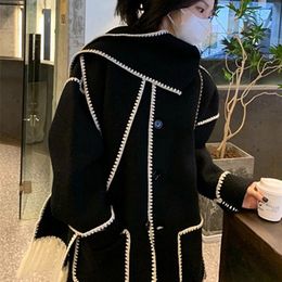 Women's Wool Blends UCXQ Woolen Overcoat Autumn Knitted Tassels Cloak Style Mixed Color Single Breasted Midi Long Coat Streetwear Female 10AB2875 221110