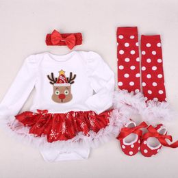Bebek Kız Romper Yenidoğan Giyim Setleri Dantel Taşıyıcılar Bebekler ve Küçük Çocuklar için Noel Kostümlerine Uygun 4pcs Noel kıyafeti 0-2T