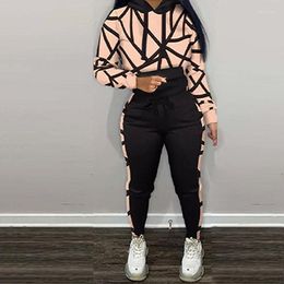 Women's Two Piece Pants 2022 Street Casual Style Women Suit Long Sleeve Hooded Collar Top Elastic Lady Printed Sets