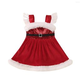 Girl Dresses 2022 Christmas Born Baby Ruffles Sleeveless Fur Sequins Bodysuit Dress One Pieces Holiday Party Clothes