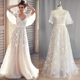 Sexy V-Neck Wedding Dress Backless Beach Batwing Sleeve Bride Gown Lace Appliques Real Image