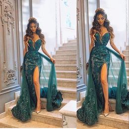 2023 Sexy Evening Dresses Wear Dark Green Charming Mermaid Sweetheart Side Split Prom Gowns Overskirts Detachable Train Lace Appliqued Beads Arabic Formal Dress