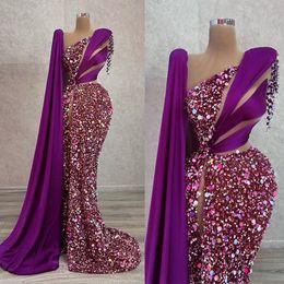 Stylish Purple Prom Dresses Sequins Beading Tassels Party Dresses One Shoulder Side Split Custom Made Evening Dress