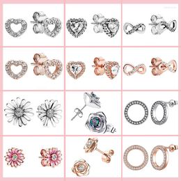 Stud Earrings 925 Sterling Silver Heart-shaped Rose Daisy Series Earring For Women Fit Original Brand Charms Jewelry Making Gift