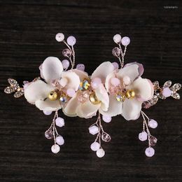 Headpieces Pink Flower Headdress Hairpin Children's Dress Accessories Handmade Crystal Tiara Children Wedding Decoration