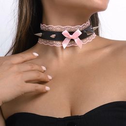 Bow Knot Lace Choker Necklace For Women Spikes Rivet Stud Clavicle Short Collar Harajuku Girls Party Cosplay Neck Jewelry