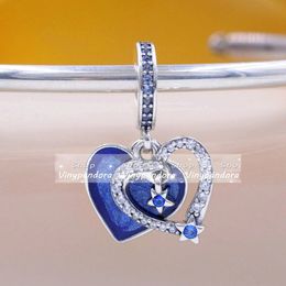 925 Sterling Silver Celestial Shooting Star Heart Double Dangle Christmas Charm Bead Fits European Pandora Style Jewelry Charm Bracelets