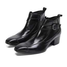 Business Men Dress Shoes Winter Fashion Black Leather Boots Metal Square Toe Casual Party Short Boots Motorcycle Boot