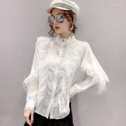 Women's Blouses #7217 White Beige Lace Shirt Women Stand Collar Casual Vintage Chiffon Lantern Long Sleeves Sexy Shirts Thin Loose