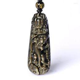 Pendant Necklaces Jewelry Natural Gold Obsidian Carving Dragon Head With Chain Amulet Brave Troops Necklace For Women Men