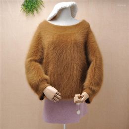 Women's Sweaters Top Quality Thick Warm Winter Hairy Fluffy Mink Cashmere Knitted Slash Neck Long Falre Sleeve Pullover Angora Fur Jumper