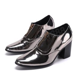 7cm Mens High Heels Silver Dress Shoes Zipper Genuine Leather Oxford Shoes Homme Thick Heel Nightclub Party Classic Shoe