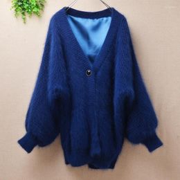 Women's Knits Top Mujer Femme Mink Cashmere Fashion Loose V-neck Long Batwing Sleeves Cardigans Angora Fur Knitted Jacket Sweater
