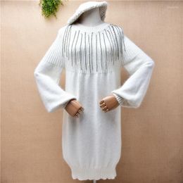 Women's Sweaters Female Women Fall Winter Clothing White Hairy Beaded Tassel Angora Fur Knitwear Long Lantern Sleeves Slim Pullover
