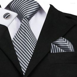 Bow Ties SN-915 Black Silver Striped Tie Hanky Cufflinks Sets Men's Silk For Men Formal Wedding Party Groom