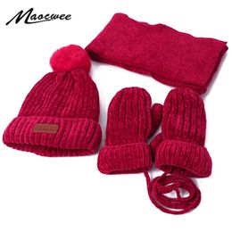 Hats Scarves Sets Kids Winter Pompom Beanie Scarf Gloves Set Knitted Warm Thick Corchet Chenille and Mittens For Boys Girls 221110