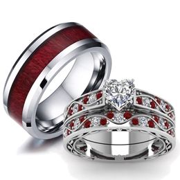 Fashion Couple Rings Women Heart White Crystal CZ Rings Set Men's Red Wood Inlay Stainless Steel Ring Wedding Band Jewellery