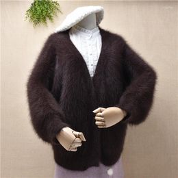 Women's Knits Ladies Women Fashion Warm Hairy Mink Cashmere Knitted V-neck Cardigans Angora Wool Long Sleeves Jacket Coat Winter Fall