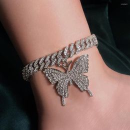 Anklets Fashion Silver Colour Crystal Butterfly Anklet Bracelet For Women Iced Out Prong Cuban Link Ankle Chain With Pendant Gift Jewellery