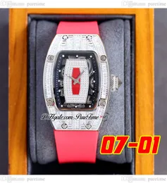 07-01 Baguette Diamonds Miyota Swiss Quartz Watch Womens Watches Paved Diamond Black Inner Skeleton Dial Red Rubber Strap Super Edition 6 Styles Puretime C3