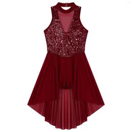 Stage Wear Kids Girls Figure Skating Costume Shiny Sequins Sleeveless Dancewear Round Neckline Decorated Patchwork Ballet Tutu Dance Dress