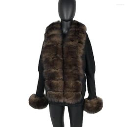 Women's Fur Cashmere Sweater Poncho Real Trim Winter Womens Fashion Coat Cardigan Full Sleeves