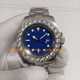 In Box Automatic Watch Mens Blue Dial Big Diamond Bezel 43mm Stainless Steel Bracelet Wristwatches Men's Asia 2813 Movement Mechanical Watches