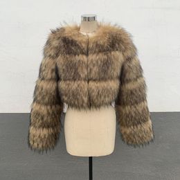 Women's Fur Faux Raccoon Coat Winter Women's Round Neck Warm Thickening