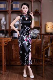 Ethnic Clothing Shanghai Storey Chinese Traditional Long Sleeveless Cheongsam Dresses Dress Peacock Printed Qipao 4 Colour